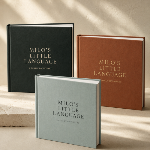 Concept mockup showing three Their Little Language hardcover palette options in ink, clay, and mist