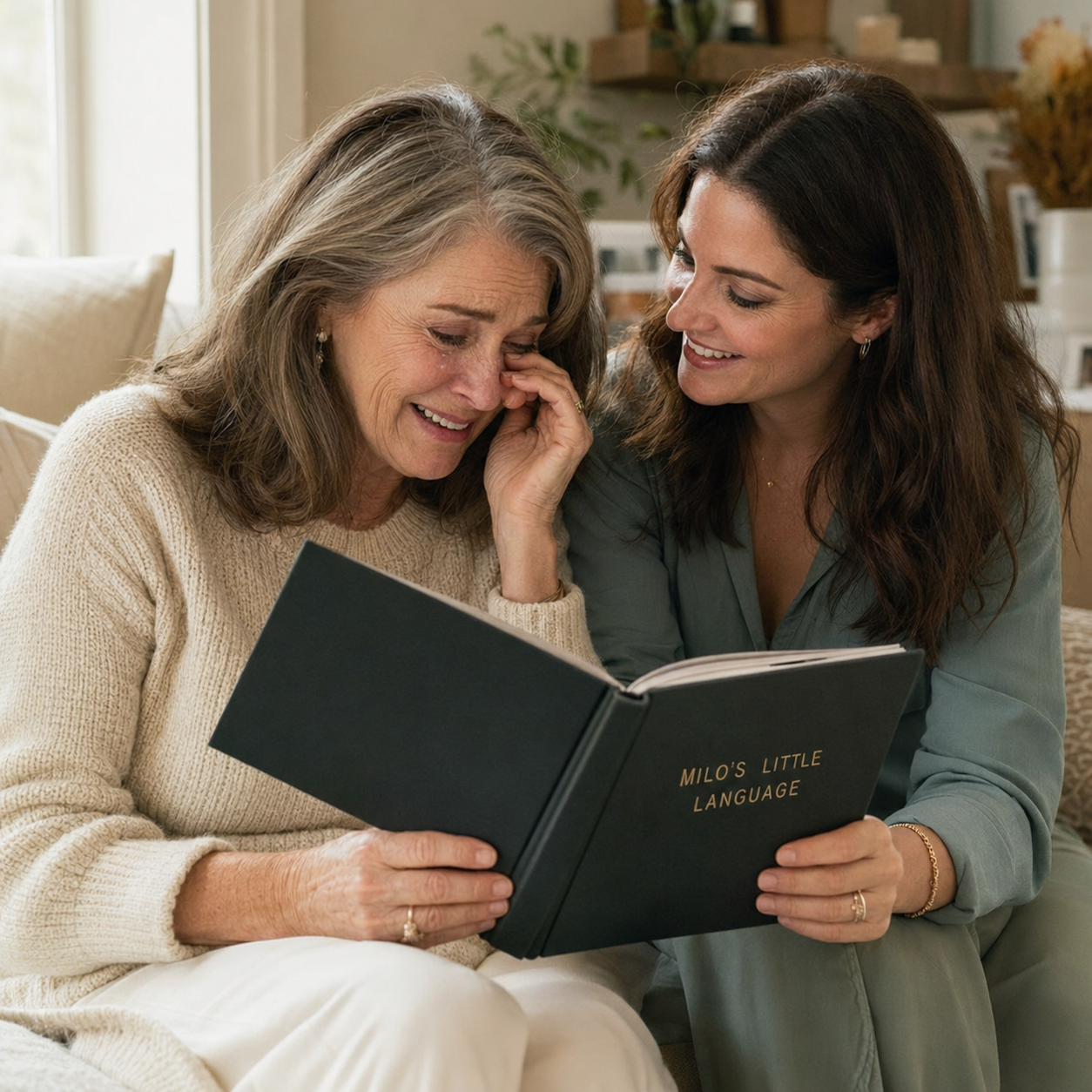 Concept lifestyle mockup of two adult family members sharing an emotional Their Little Language book