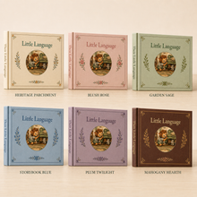 Six Their Little Language hardcover colorways: Heritage Parchment, Blush Rose, Garden Sage, Storybook Blue, Plum Twilight, and Mahogany Hearth