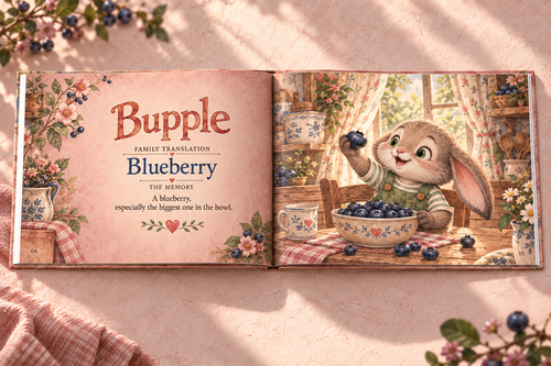Illustrative Blush Rose book spread: Bupple means Blueberry, with a watercolor bunny enjoying berries.