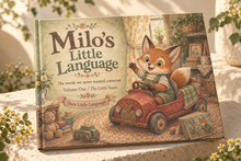 Illustrative preview of a Garden Sage personalized hardcover with a watercolor fox in a wooden toy car.