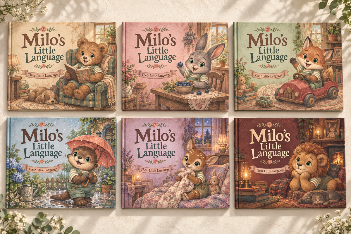 Illustrative book previews in Heritage Parchment, Blush Rose, Garden Sage, Storybook Blue, Plum Twilight, and Mahogany Hearth, with different animal characters.