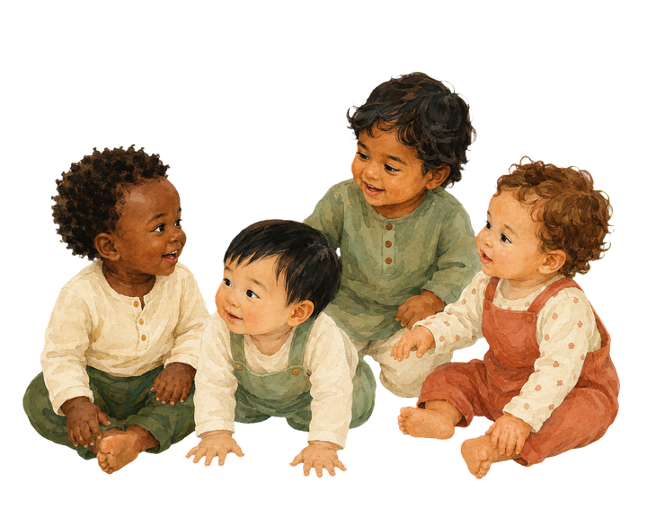 Warm editorial illustration of babies from several cultural backgrounds