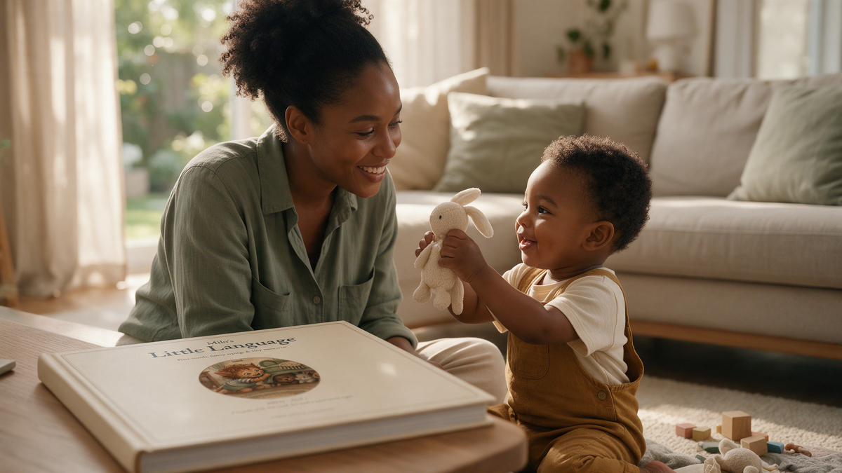 A Black mother and toddler smile together with a toy bunny and a keepsake book in a sunlit home.