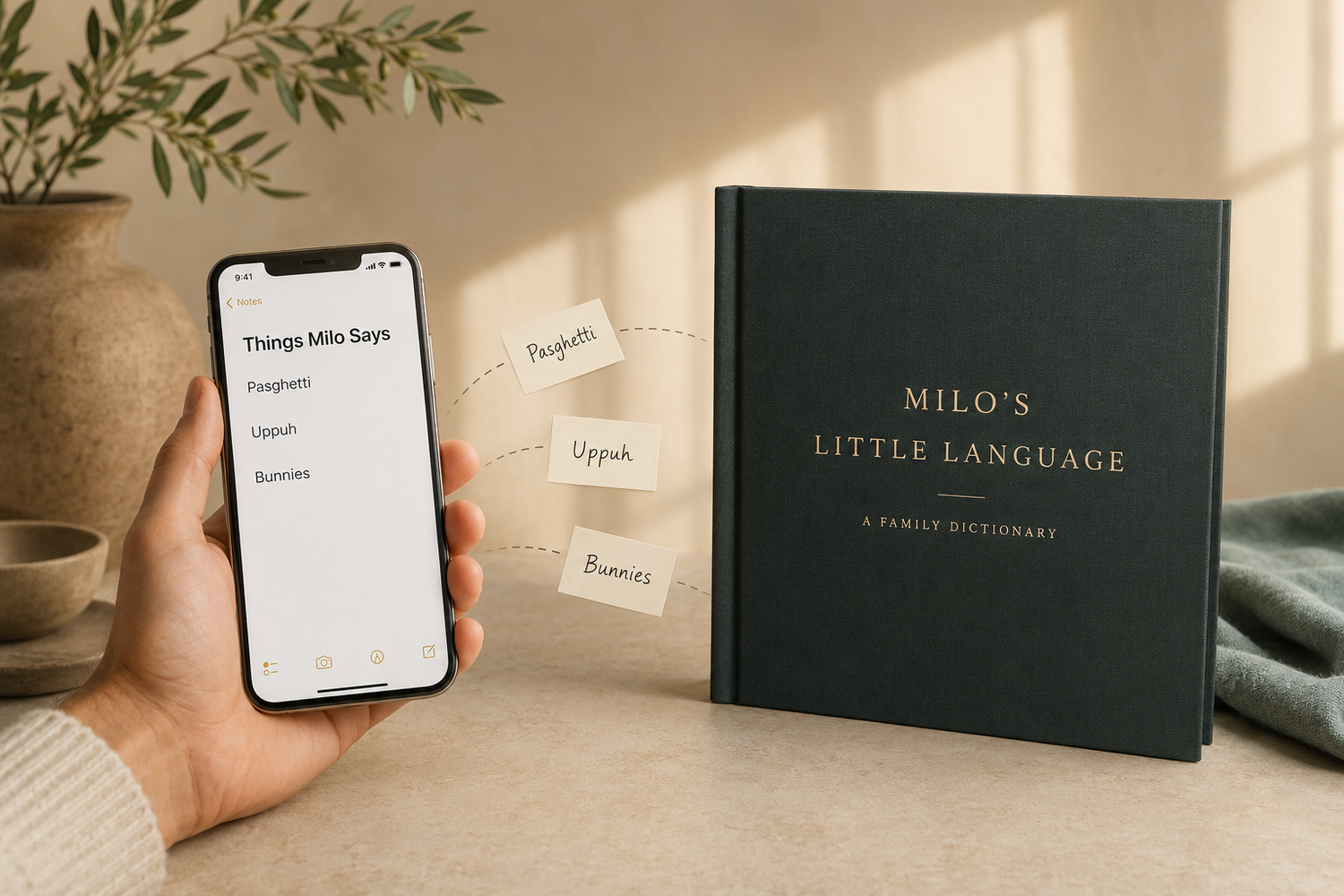 AI-assisted concept showing family phrases moving from a notes app into a hardcover dictionary