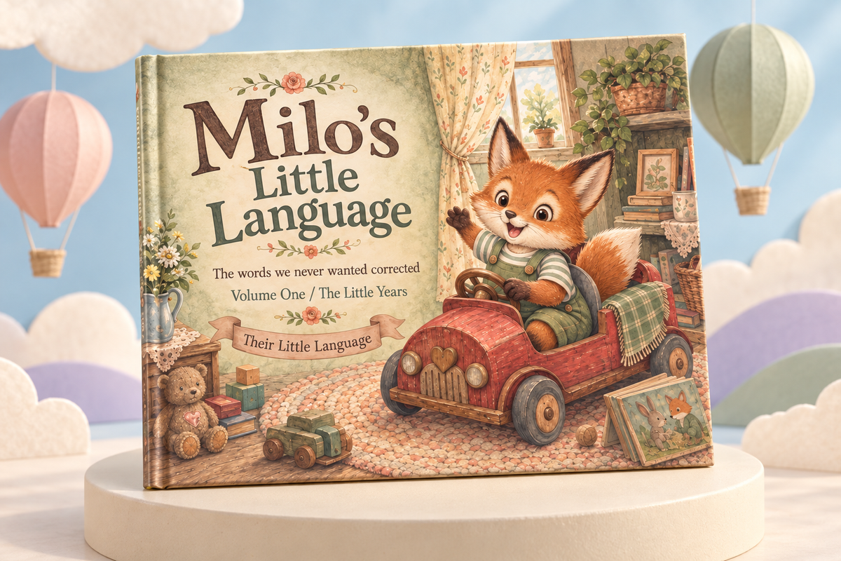 Illustrative personalized sage storybook hardcover with a fox character, surrounded by soft clouds and pastel balloons.