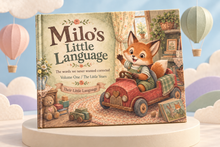 Illustrative preview of Milo’s sage fox hardcover against a pastel sky with paper clouds and balloons.