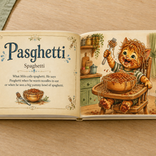 Open Their Little Language hardcover showing the Pasghetti spaghetti word and illustration spread
