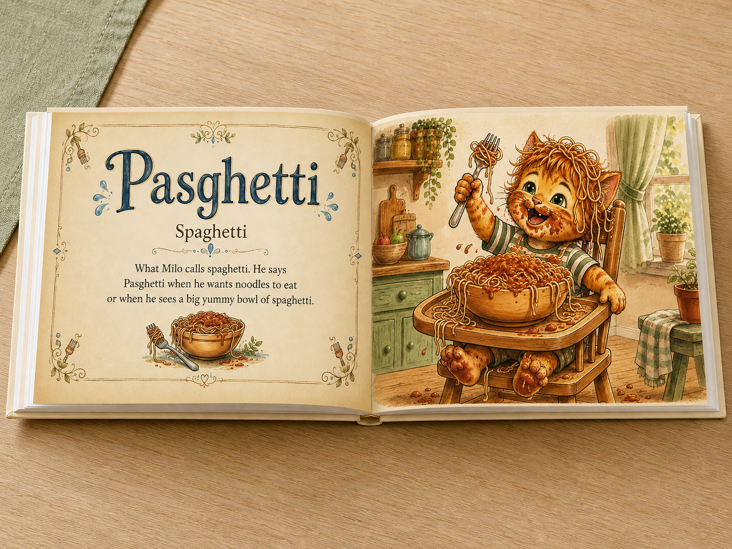 Open Their Little Language hardcover showing the Pasghetti spaghetti word and illustration spread