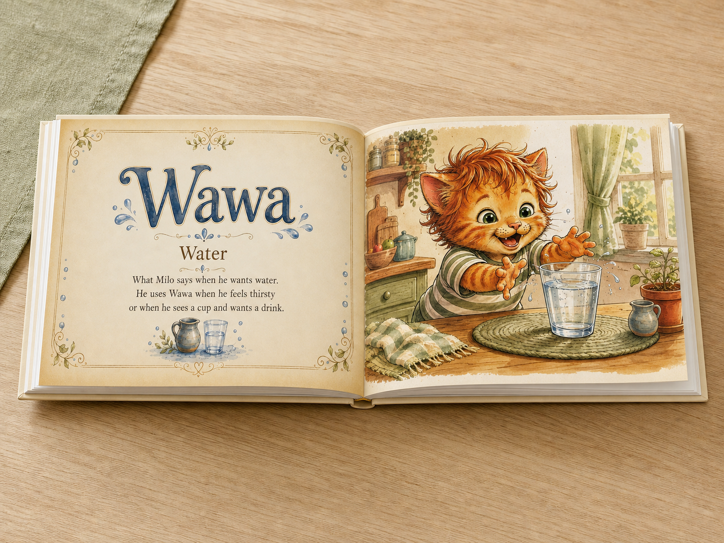 Open Their Little Language hardcover showing the Wawa water word and illustration spread