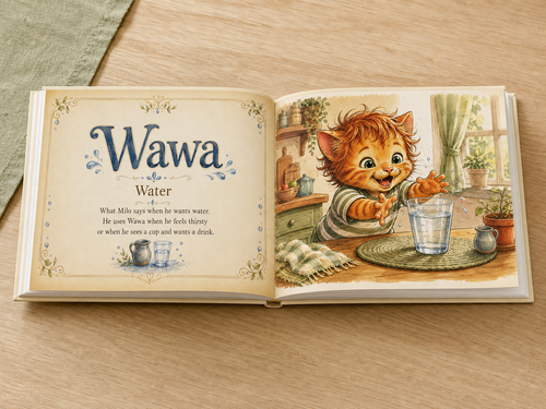 Open Their Little Language hardcover showing the Wawa water word and illustration spread